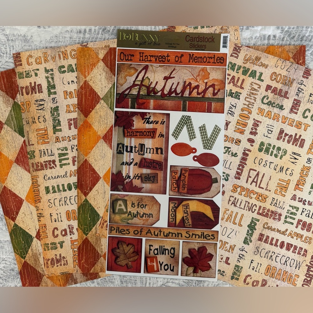 🆕🍂 BO BUNNY AUTUMN “FALLING FOR YOU” CARDSTOCK STICKERS & MATCHING PAPER.